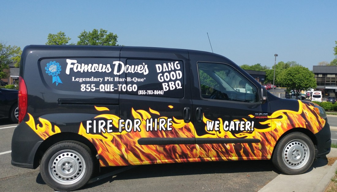 Famous Dave's BBQ Catering Van, decorated with flames on the side