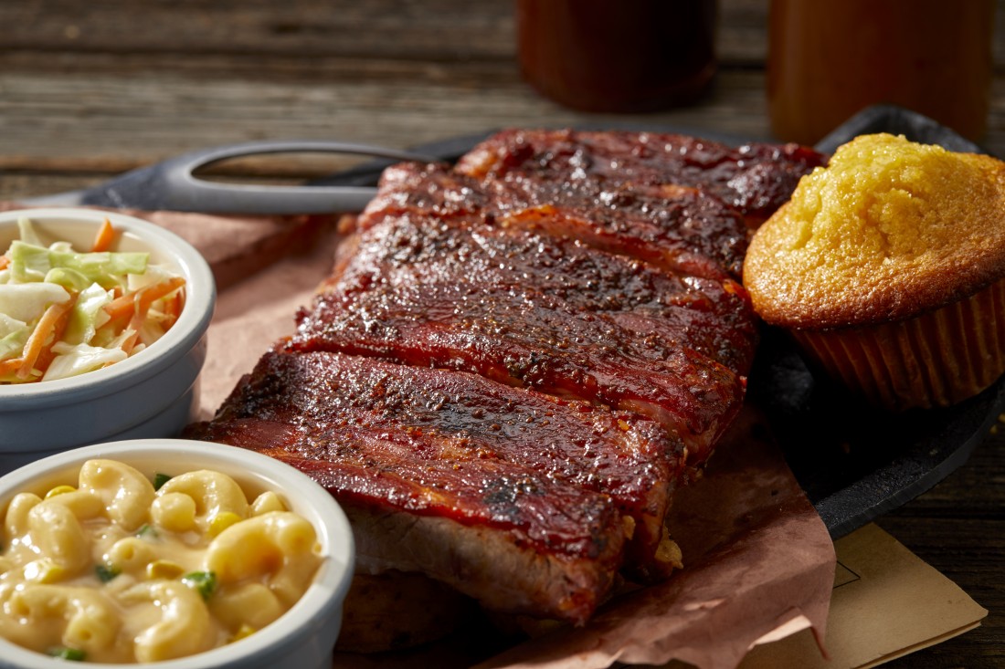 St. Louis-Style Spareribs Half Slab Platter with mac and cheese, coleslaw and cornbread on the side