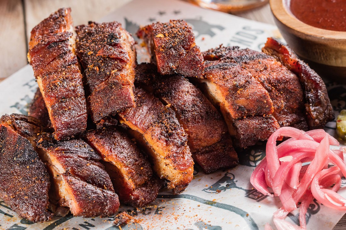 Southside Rib Tips with pickled onions on the side